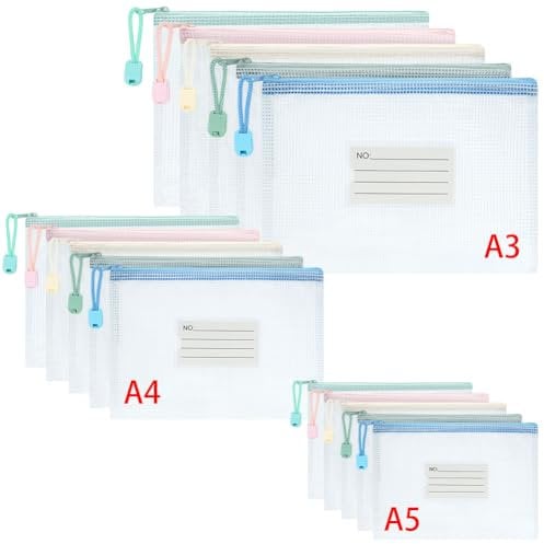Vicloon Dokumententasche A3+A4+A5, 15pcs Reißverschlusstaschen mit Etikett, Wasserdichte Mesh-Taschen Kunststoff Reißverschlusstasche Zipper Tasche für Schule, Büro, Reisen(Weiß)