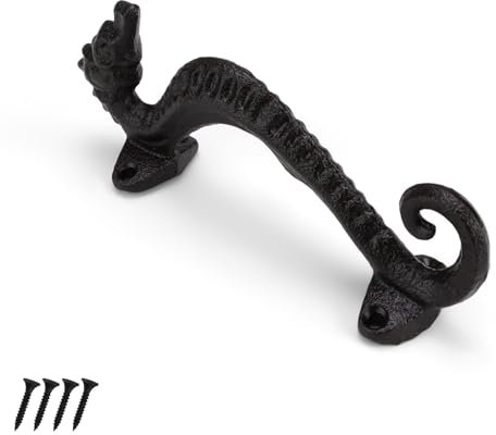 HERKINDNESS Black Kitchen Door Handles, 170mm Vintage Cast Iron Shed Door Handles, Seahorse Shaped Barn Door Handle, for Furniture Doors, Windows, Cabinets, Garden Doors and More