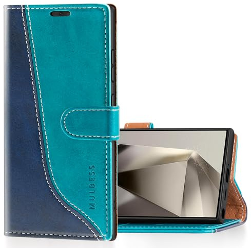 Mulbess Handyhülle für Samsung Galaxy S24 Ultra AI Hülle Leder, Magnet Klapphülle, Lederhülle mit Kartenfach, Flip Case Etui Handytasche Schutzhülle, Stilvoll Mint Blau