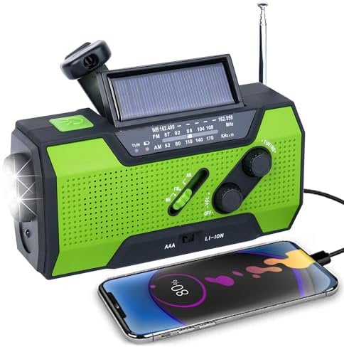 iRonsnow Wind Up Radio, Emergency Hand Crank Weather Radio, Portable Radio with SOS Alarm & Reading Lamp, 2000mAh Power Bank Rechargeable USB Phone Charger Flashlight for Camping Outdoor(Green)