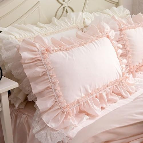 Federa per cuscino, stile shabby chic con volant in pizzo, 50 x 76 cm, in cotone, vintage, lussuose ed eleganti, con chiusura a busta, stile country francese (2 pezzi, color carne)