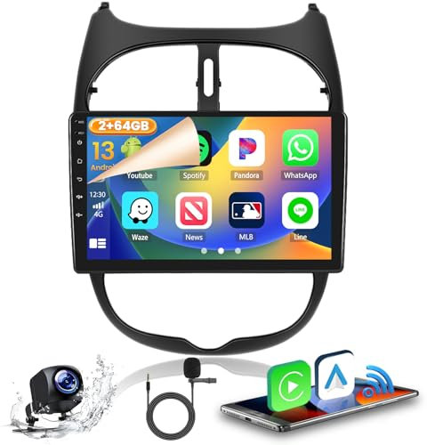 Hikity 2GB+64GB Android 15 Autoradio für Peugeot 206/206CC 2001-2016 Cirteon C2 Radio Wireless CarPlay Android Auto Bluetooth Freisprecheinrichtung 9 Bildschrim Auto Radio mit Navi Rückfahrkamera