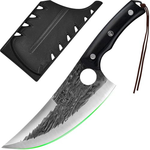 FULLHI Coltello da macellaio con fodero, coltello da cuoco serbo Tang, coltello da verdure con mannaia in acciaio al carbonio per esterno, campeggio (nero, 31,8cm)