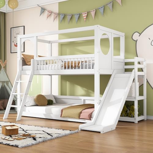 Ctastay Kinderbett Etagenbett 90x200 cm mit Rausfallschutz, Bett Hochbett Holzbett mit Rutsche & Leiter, Jugendbett Familienbett mit Stauraum Regal & Lattenrost, Weiß (Ohne Matratze)