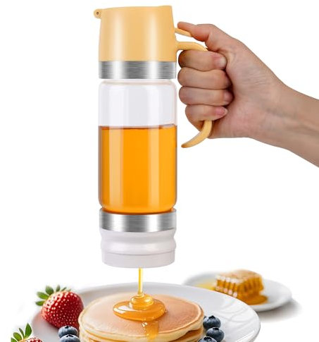 hoforife Distributeur de Miel 350ml en Verre Anti-Goutte - Verseur Sirop d'Érable avec Base Silicone pour Pancakes, Café et Thé (Jaune) - Lavable Lave-Vaisselle