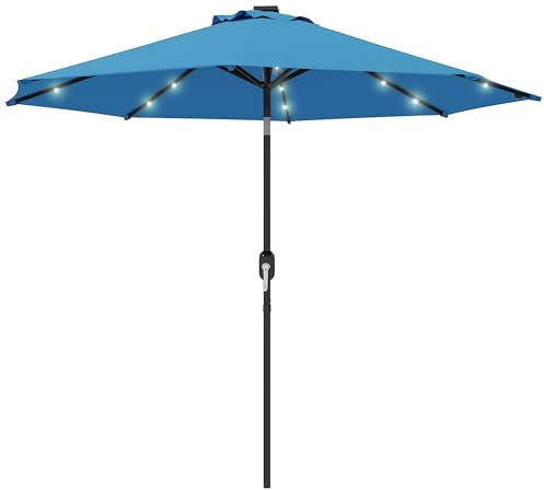 Outsunny 2.7m Patio Garden Umbrella Outdoor Parasol Outdoor Market Table Umbrella with Tilt Crank and 24 LEDs Lights Blue
