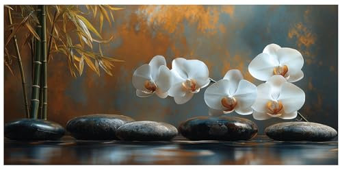 levandeo XXL Leinwand 115x55cm Wandbild Weiße Orchidee Bambus Bild Kunstdruck Spa Deko Wanddeko Leinwandbild Yoga Zimmer