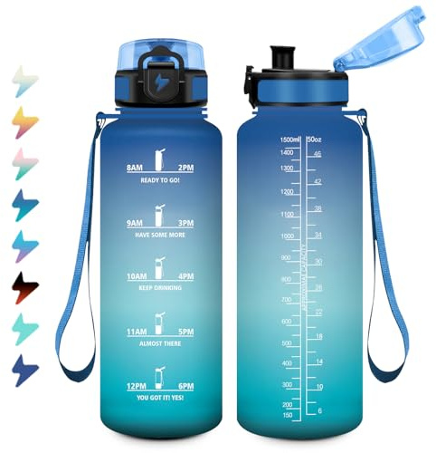Sportflasche 1.5L, Auslaufsichere Wasserflasche mit Filter, Kohlensäure Geeignet, Trinkflasche mit Zeitmarkierung, Sport Trinkflasche für Fahrrad, Erwachsener, Wandern, Büro, Sprudel, Camping