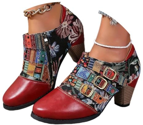 Onsoyours Damen Kurze Stiefel mit Blockabsatz Stiefelette Winterstiefel Retro Bedruckte Ankle Boots Western Reiterstiefel