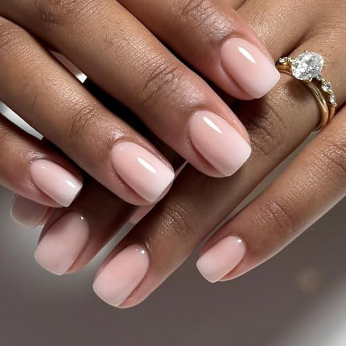 24 Pieces Press on Nails Short - Gradient Pink Stick on Nails - French Tip False Nails - Nude Natural Square Fake Nails in 12 Sizes - Full Cover Glossy Glue on Nails for Women Daily Wear