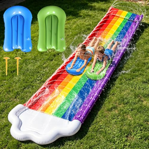 Water Slide for Garden, 480x140cm Double Slip and Slide With 2 Bodyboards, Lawn Water Slide Summer Slip Waterslides Garden Toy with Build in Sprinkler for Kids Adults Backyard Summer Outdoor