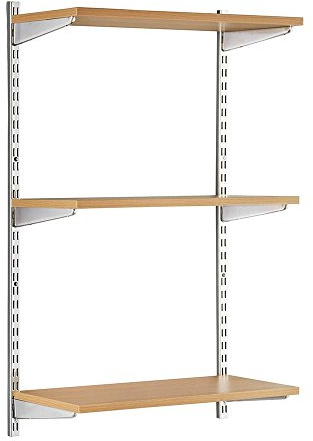 Shopfitting Warehouse Chrome/Oak Adjustable Wooden Wall Shelving Kit - 2 x 1000 mm Uprights, 3 x Shelves, 6 x Brackets W900 x D300 mm
