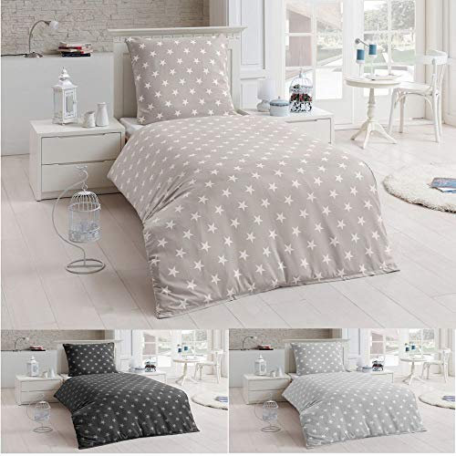 Dreamhome 2 TLG Warme Bettwäsche Microfaser Flanell 135x200 Winter Sterne Kissenbezug, Farbe:Taupe