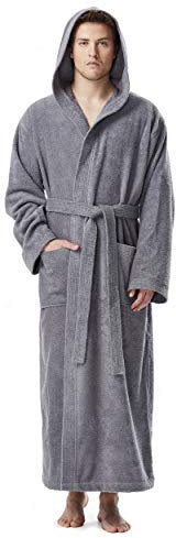 Peignoir de Bain homme, à capuche, extra-Long, en éponge, doux et léger,100% Coton, gris, taille homme: L Long, taille unisexe: L-XL Long