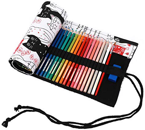 Amoyie Roll Up Pencil Case for 72 Coloured Pencils, Colouring Pens Organiser Bag, Artist Wrap, Canvas Holder, Cat