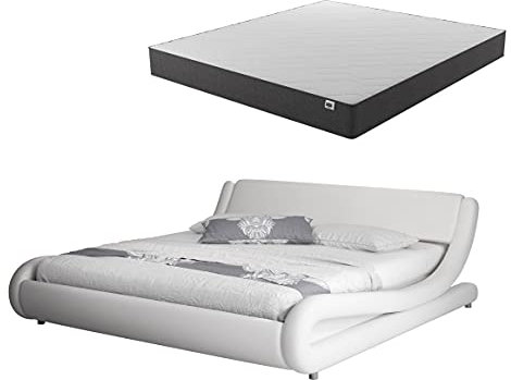 MB Muebles Bonitos | Modernes Doppelbett Alessia inklusive Matratze 180 x 200 cm | Holzstruktur mit Kunstlederbezug | Mit Lattenrost und Stauraum | Weiß