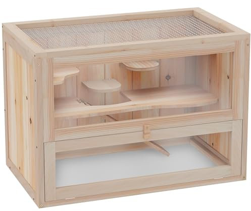 PawHut Jaula Madera para Hámster Ratoncillos Roedores Casa para Animales Pequeños 2 Niveles 60x35x42cm