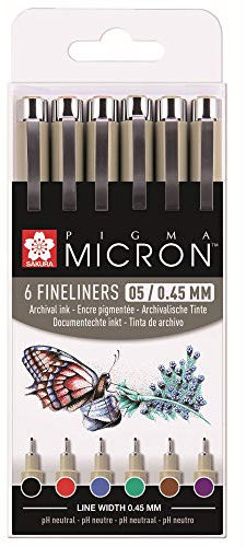 SAKURA Pigma Micron Fineliner Set - 0,45 mm - 6 Farben - Wasserfeste Permanenttinte - Ideal für Zentangle, Manga-Künstler & Hobbyisten