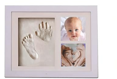 Frabe Family Cornice Impronte Neonato – Kit Impronta Mani e Piedi in Legno, Personalizzabile, Idea Regalo e Bomboniera Battesimo – Ricordo Unico per Neonati (Bianca, 30.6 x 24.8 x 2 cm)