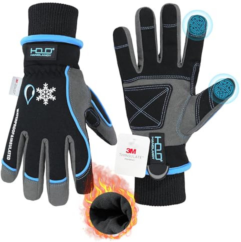 HANDLANDY Wasserdichte isolierte Arbeitshandschuhe, Thermo-Winterhandschuhe für Damen und Herren, Touchscreen, warme Ski-, Snowboard-Handschuhe für kaltes Wetter, blau, Größe L