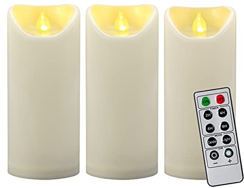 3 Stück 17,8 cm wasserdichte flammenlose LED-Stumpenkerzen mit Fernbedienung, Timer/batteriebetriebene Kunststoff-LED-Fake-Kerze für Halloween-Kürbis-Licht-Laterne, Weihnachtsdekorationen (Elfenbein)