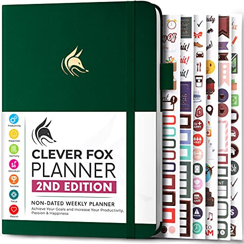 Clever Fox Planner 2. Auflage - Farbenfroher Planer für Wöchentliche und Monatliche Ziele, Zeitmanagement und Produktivität, Dankbarkeits-Tagebuch, Undatiert, A5, Reicht für 1 Jahr - Waldgrün