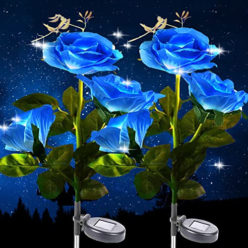 XRR Solarleuchten Garten Deko,2 Stück Solar Rose Lichter für Außen Wasserdicht Solarlampen mit 6LED, LED Solar Gartenleuchte für Garten, Büsche, Rasenflächen, Zäune,Rasen,Terrasse（Blau）
