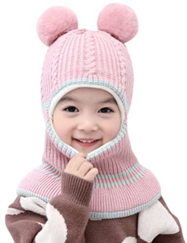 JFAN 2 in 1 Cappello Invernale per Bambini in Maglia Cappuccio Foderato in Pile Lana Ragazzo e Ragazza Earflap cap per 2 a 5 Anni Rosa