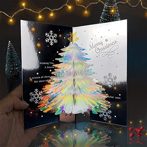 Cartes de Noël, 3D Carte, Pop-up Noël Cartes de Vœux, avec Enveloppe,Carte-cadeau de Noël, Sapin de Noël en Cristal Blanc