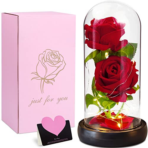 VIPNAJI La Bella e La Bestia Rosa Eterna,Regali, Rosa Stabilizzata in Cupola di Vetro con Base Pino con LED Light, Kit di Rose, Decorazioni,Regali per Donne,Mamma,Fidanzata,Anniversario,Matrimonio