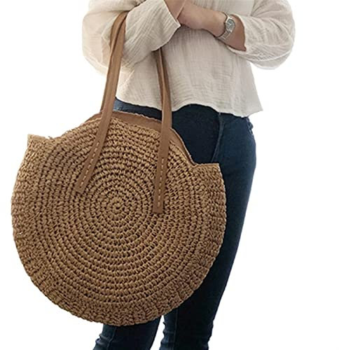 FJZFXKZL Strandtasche Stroh, Runde Stroh Beachtasche Vintage handgemachte gewebte Tote Umhängetasche Rattan Bags Sommerurlaub Freizeittaschen Handtasche (Color : Black)