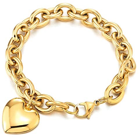 COOLSTEELANDBEYOND Or Couleur Rolo Chaîne Charmes Bracelet - Bracelet Charms - Acier Inoxydable -Lien Bracelet avec Souffle Coeur Poli