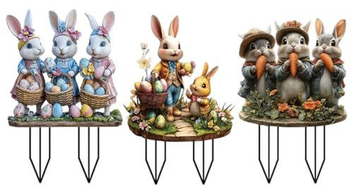 Wangark 3stk Gartenstecker Osterhasen zum Stecken, Osterdeko Ostern Garten Hasen Deko Outdoor Vintage für Draußen Frühling, Osterhase Außen Frühlingsdeko Osterhasen Figuren Groß