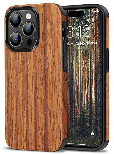 TENDLIN Kompatibel mit iPhone 14 Pro Max Hülle, Holz und TPU Silikon Hybrid Handyhülle (Rotes Sandelholz)