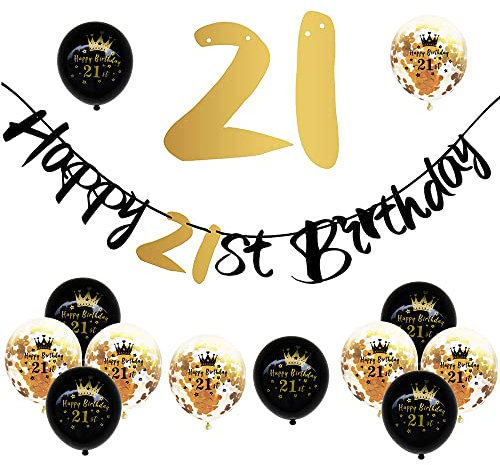 21 Geburtstag Deko, 21. Geburtstag Mädchen Junge,21 Jahr Geburtstagdeko,Happy Birthday Girlande Ballon Schwarz Gold Deko,Deko 21. Geburtstag Konfetti Luftballons,Banner Birthday Party Decorations