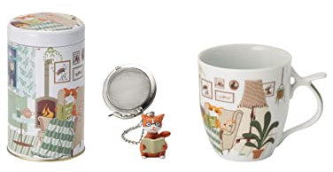 teemando® SET = Jumbo-Becher Oskar Porzellan 0,75 l, Dose Oskar, 150 g Weißblech, rund, Stülpdeckel H 14,5 cm, Ø 8,5 cm, Tee-Ei Oskar Edelstahl, mit Katzen-Anhänger Ø ca. 5 cm