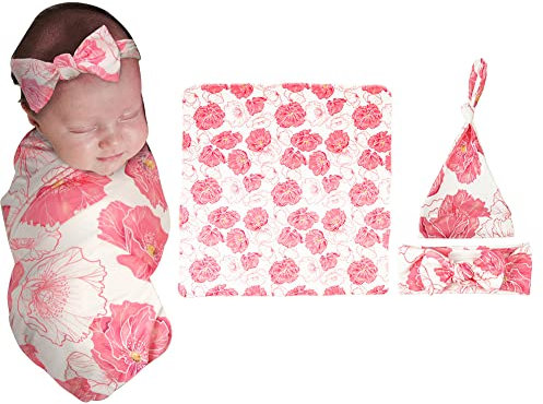 ISAKEN Baby Pucksack für Neugeborene, Baumwolle Swaddle Decke Baby Pucktücher Pucktuch Neugeborenenwickel Baby Hut Stirnband Anti-Kicking Schlafsack Verstellbarer Schlafsack