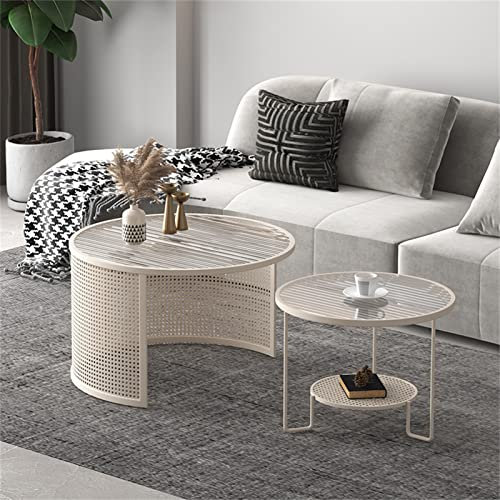 CHEMYO Rattan-Couchtisch, Tablett-Couchtisch, Korb-Couchtisch, handgewebte Rattan-Platte, Haarnadelbein, Tabletttisch, Mitteltisch für Wohnzimmer, runder Couchtisch,weiß,B