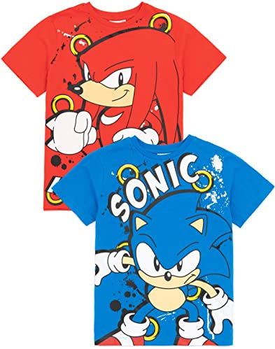 Sonic The Hedgehog Kids T-Shirt Pack Of 2 | Blue Sonic and Red Knuckles Graphic Tee for Boys & Girls | Short Sleeve Multicoloured Multi-Pack Gaming Top Set | Gamer Merchandise Gift Bundle for Children