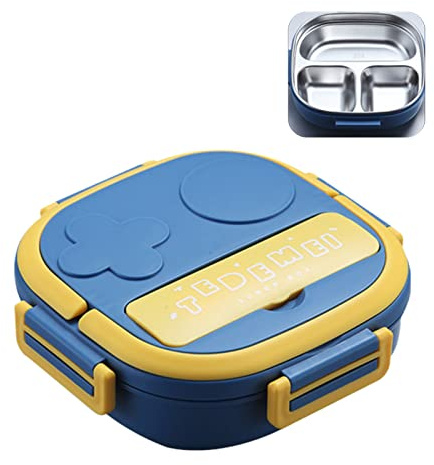 CalmGeek Brotdose mit Gabel 3-fach Japanische Brotdose Wiederverwendbare Lunch-Dinner-Behälter Auslaufsichere Edelstahl-Bento-Box für Erwachsene Kinder Schulbüro(Blau)