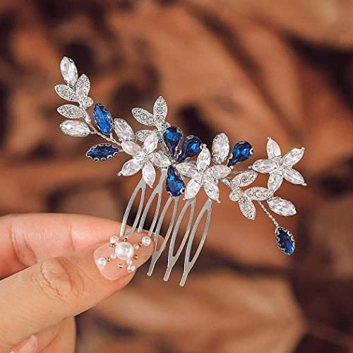 IYOU Peigne à Cheveux de Mariage Cristal pour Femmes Accessoires de Cheveux Strass Bleu Tête de Fleur Pièce à cheveux le bal de fin d'année pour les Mariée et les Demoiselles d'honneur