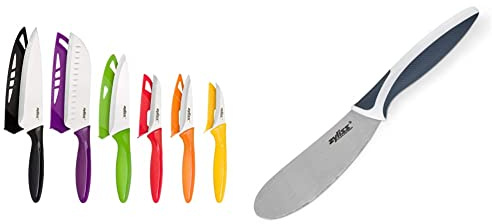 Zyliss E920144 6 Piece Knife Set | Multiple Sizes | Stainless Steel| 6x Kitchen Knives With Protection Covers | Dishwasher Safe & E920250 Comfort Spreading Knife, Japanese Stainless Steel, Black/White