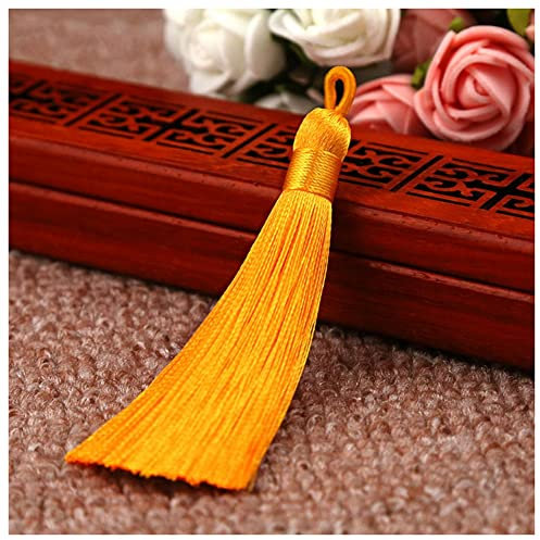 SHTGOI 10 Stück 8 cm Quasten Handgemachte Troddel Anhänger Fransen mit Ice Silky Kordel Schlaufen Floss Lesezeichen Quasten Tassel für Schmuck Souvenir DIY Kleidung Handwerk Zubehör Gelb