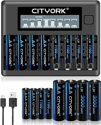 CITYORK Akku Ladegerät mit 8 x 3000 mAh AA Akku & 8 x 1100 mAh AAA Akku, für AA, AAA NI-MH/NI-CD wiederaufladbar Batterien, 8 Slot LCD Anzeige Akku Ladegerät Set