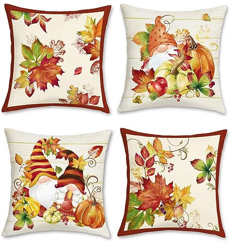 Bonhause Fundas de Cojín Hojas de Otoño 45 x 45 cm Funda de Almohada Calabaza Gnomo Terciopelo Suave Otoño Cojines Decorativos para Sofá Cama Hogar Jardín Exterior Juego de 4