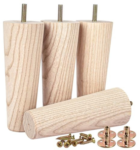 Btowin VCF 8 Inch / 20cm Ash Wood Furniture Legs, 4 Pcs Modern Unfinished Wooden Replacement Feet with Threaded M8 Hanger Bolts & Mounting Plate & Screws for Sofa Couch Armchair Cabinet