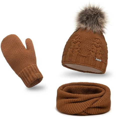 PaMaMi Winterset Mütze, Schal & Handschuh-sets für Damen I Kopfumfang 55-58 cm I Wintermütze mit Fleecefutter Atmungsaktiv I Winter-Strickset für Frauen I Fäustlinge Mütze Schal set Damen
