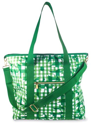 kate spade new york Large Capacity Insulated Cooler Tote Bag, Soft Sided Portable Beach Cooler for Women with Shoulder Strap and Top Straps, Daisy Gingham, Green, 19.5 L, Classic
