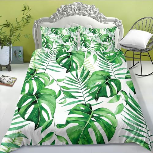 FABTOP Bettwäsche Tropische Blätter Grün Palmenblätter Muster Bettbezug Tropische Palmenblätter Und Monstera Bettwäsche-Set Für Einzelbett (8,135x 200 cm)