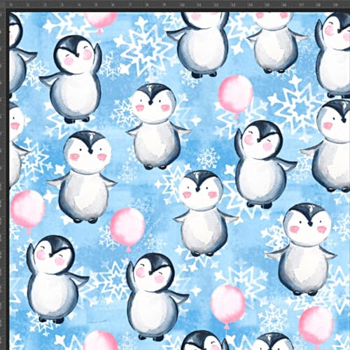 Textrend Jersey Stoff Meterware Kinder - 100% Baumwolle - Stoff zum Nähen - Textilien 1x1.6m - Entwürfe für Kinder (Pinguine mit Luftballons auf blauem Hintergrund)